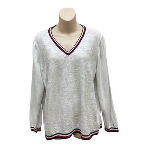 Tommy Hilfiger White V-Neck Sweater with Red and Blue Accents